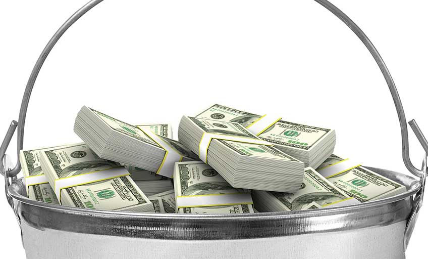 An image of currency in a bucket.